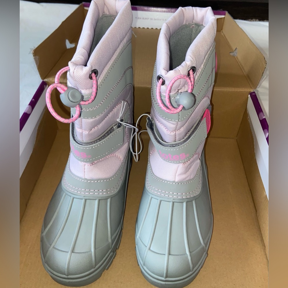 NWT Totes Sz-2 GS Kids Pink/Gray Warm Winter Snow Boots-Great Tread, Easy On/Off - Picture 13 of 16